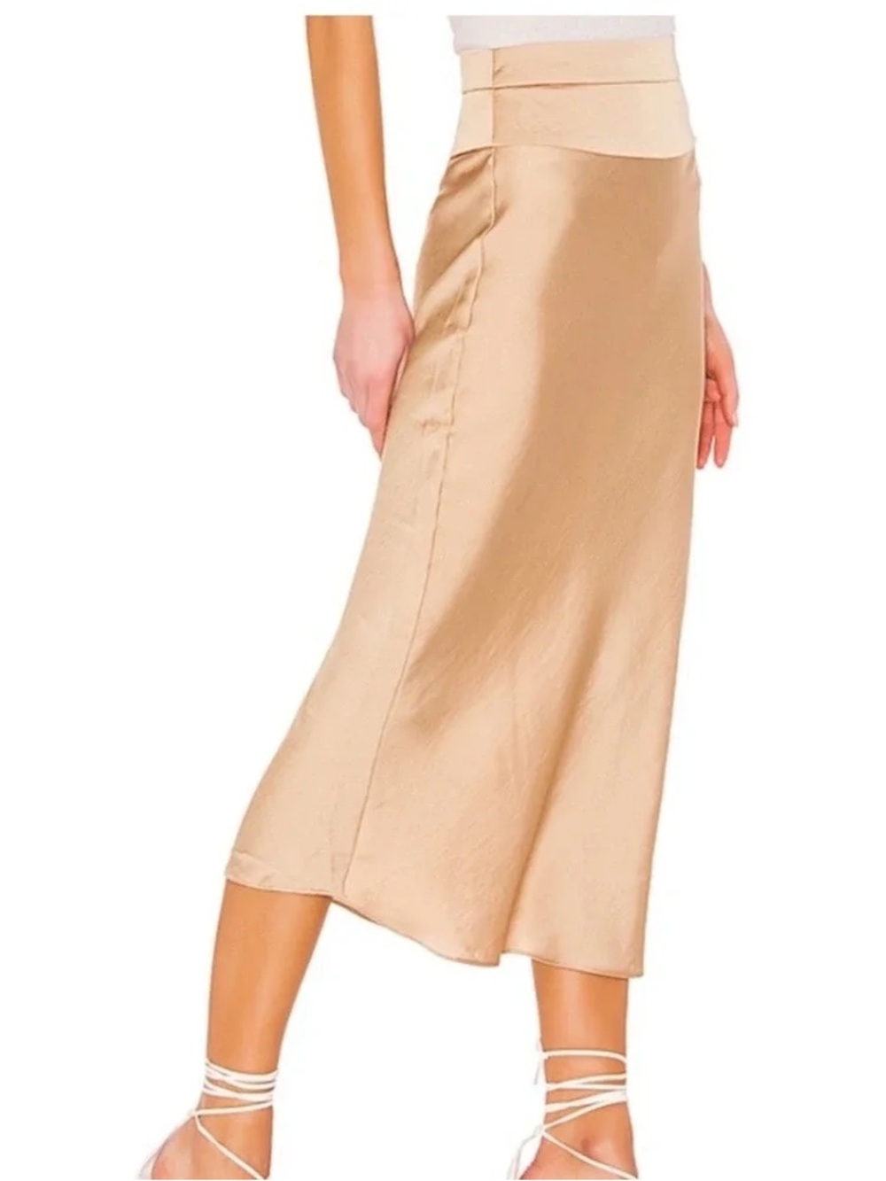 Free People Gold Satin Skirt Normani Bias Midi Skirt 2 Tan Beige